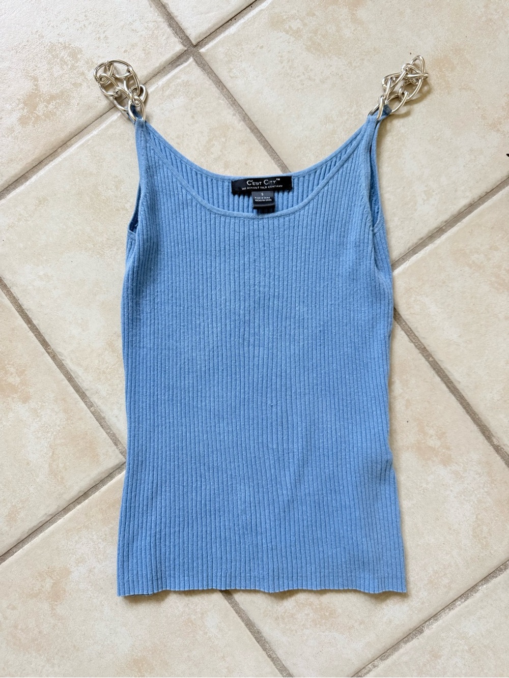 Blue Ribbed Tank with Chain-Strap Detail
